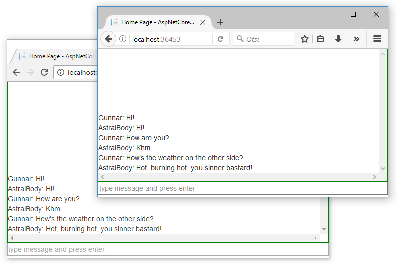 ASP.NET Core WebSocket chat room in action