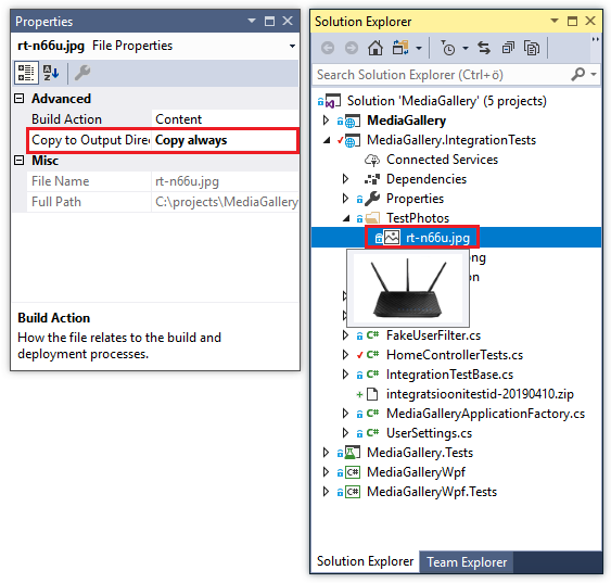 ASP.NET Core: Files delivered to integration tests folder